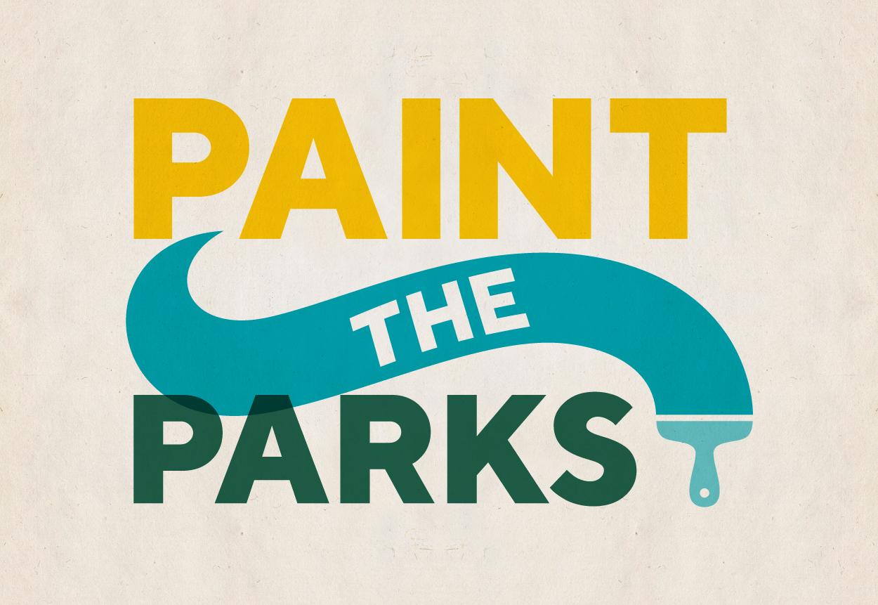 Graphic reading “Paint the Parks” with a teal paint stroke forming part of the design.