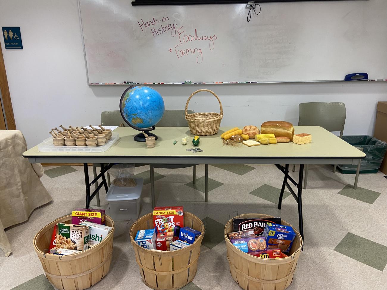 A globe sits on a table alongside coins, corn, and loaves of bread. In front of the table are three baskets filled with food boxes.
