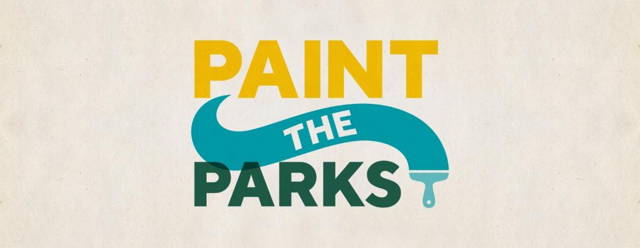 “Paint the Parks” graphic with bold yellow and green text and a teal paint stroke forming the word “The” and a paint drip effect.