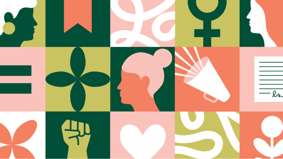 Colorful banner with stylized icons celebrating Women’s History Month, including women’s profiles, an equality sign, a raised fist, a megaphone, and floral motifs in green and coral tones.