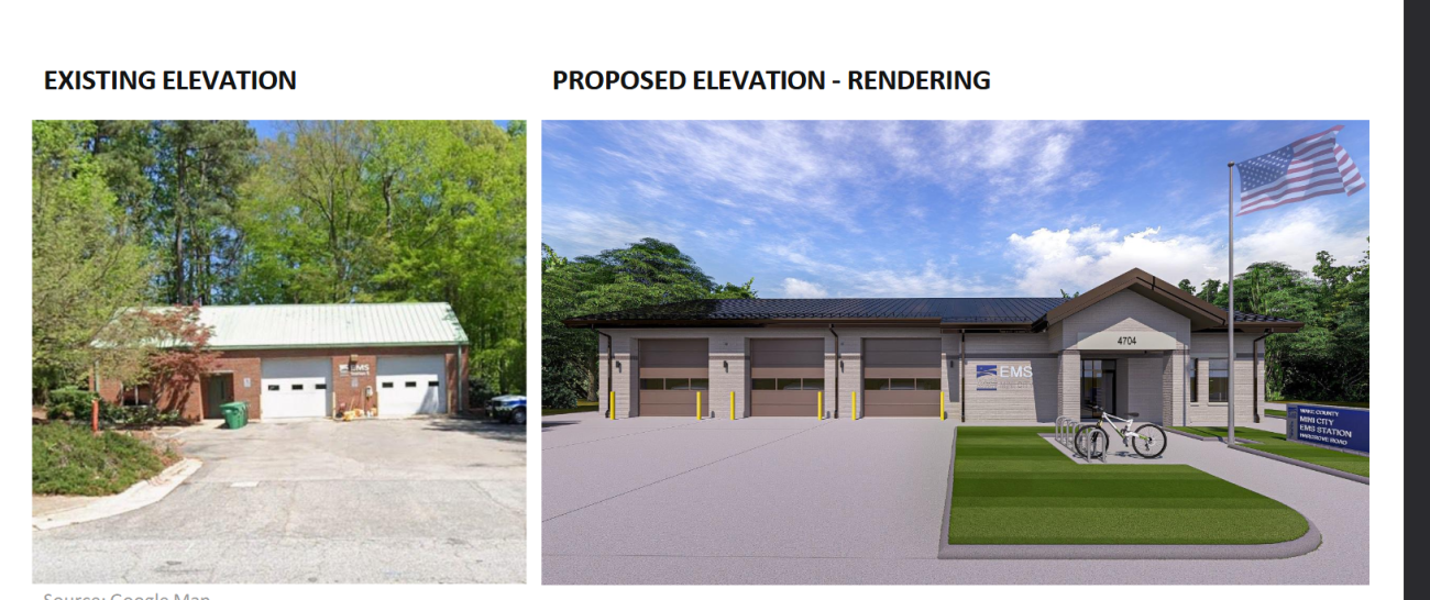 Side-by-side comparison of an existing small EMS station building and a proposed modern redesign with multiple bays and updated facade.