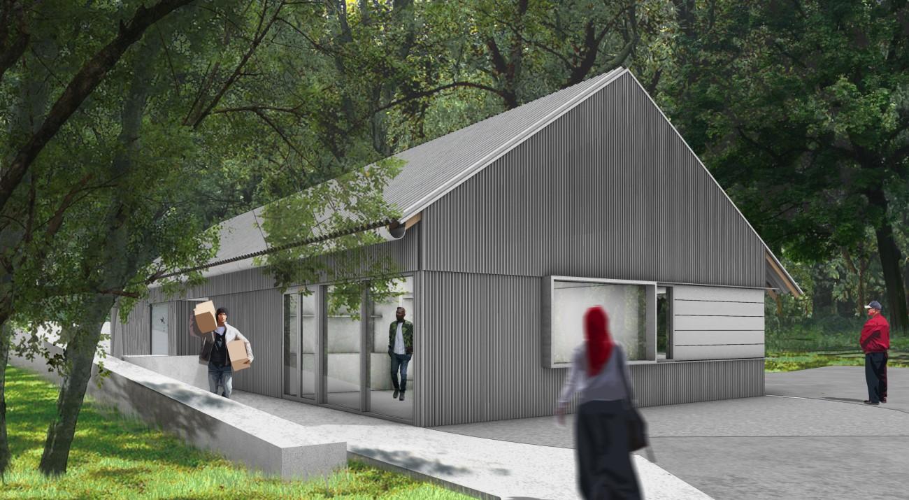 Modern gray building with large windows surrounded by trees and people walking nearby carrying boxes.