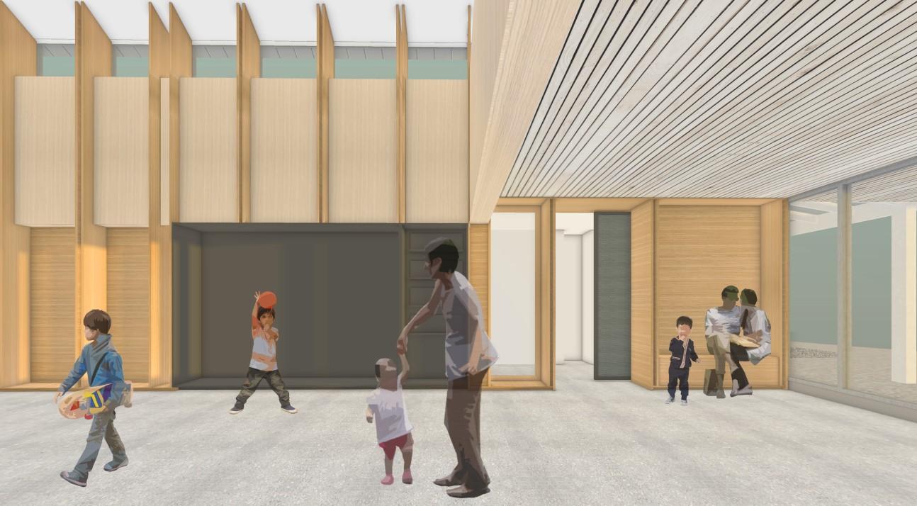 Children playing in a spacious, modern indoor area with wooden panel walls and large windows.