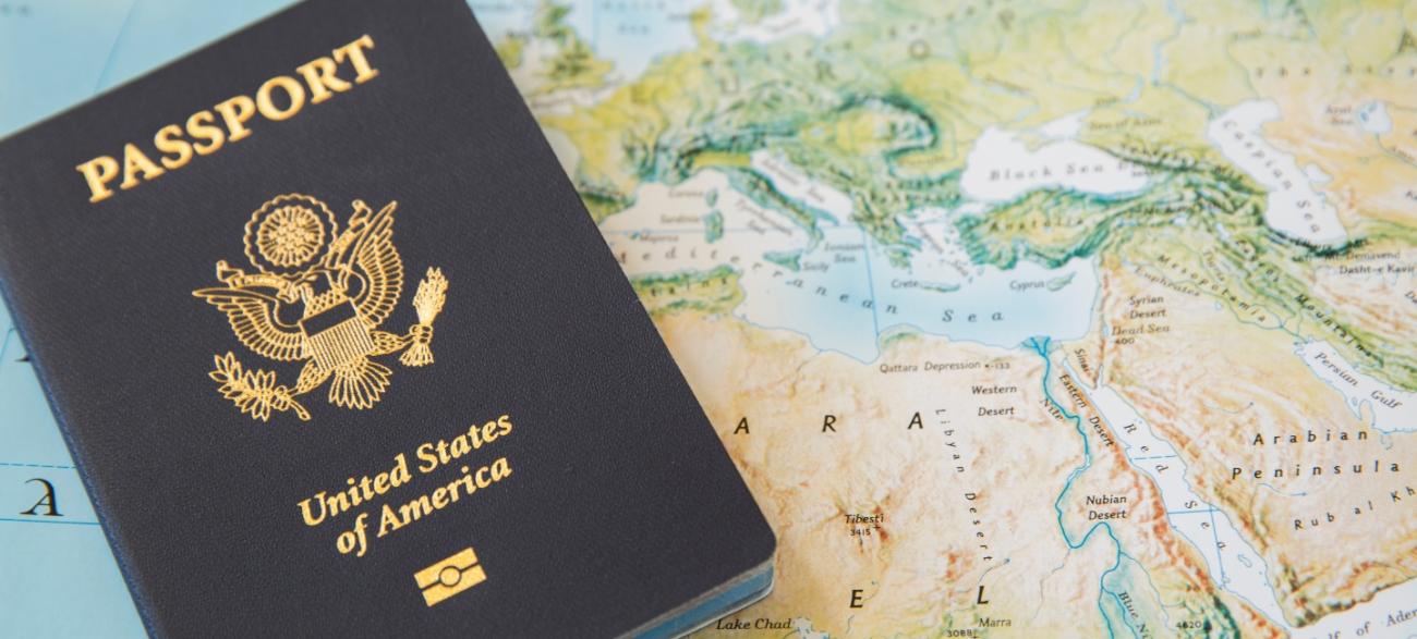 Passport on a map