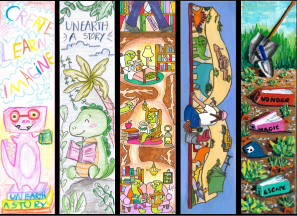 Illustrated bookmark designs featuring colorful drawings of dinosaurs, earthworms and garden scenes and words like “Create,” “Learn,” “Imagine,” “Wonder,” and “Escape.”