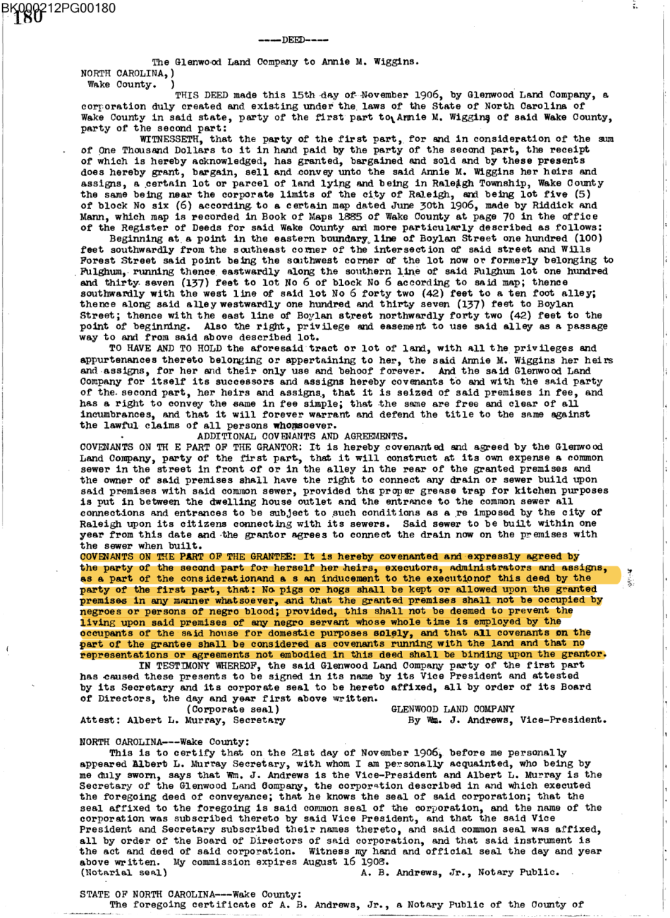 A copy of the oldest racially restrictive covenant on file