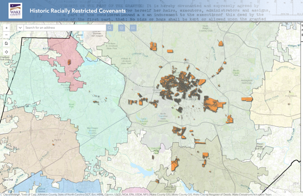 Map of Wake County showing locations of historic racially restrictive covenants highlighted in orange.