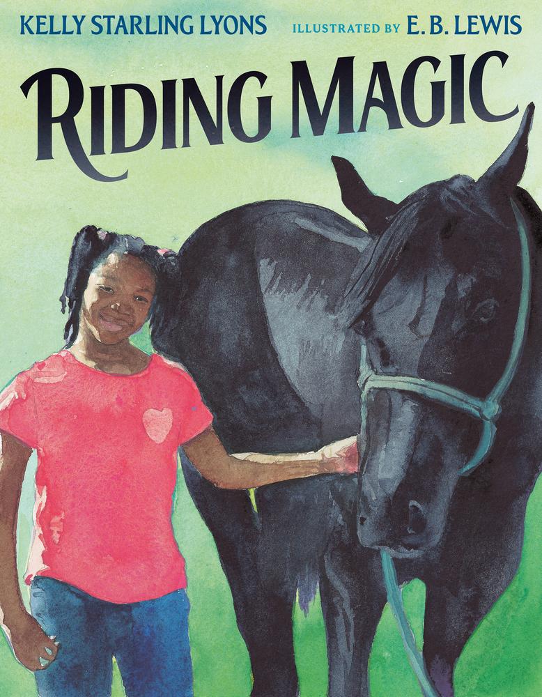 Young girl in a red shirt gently holding the reins of a large black horse against a soft green background on the cover of 'Riding Magic'.