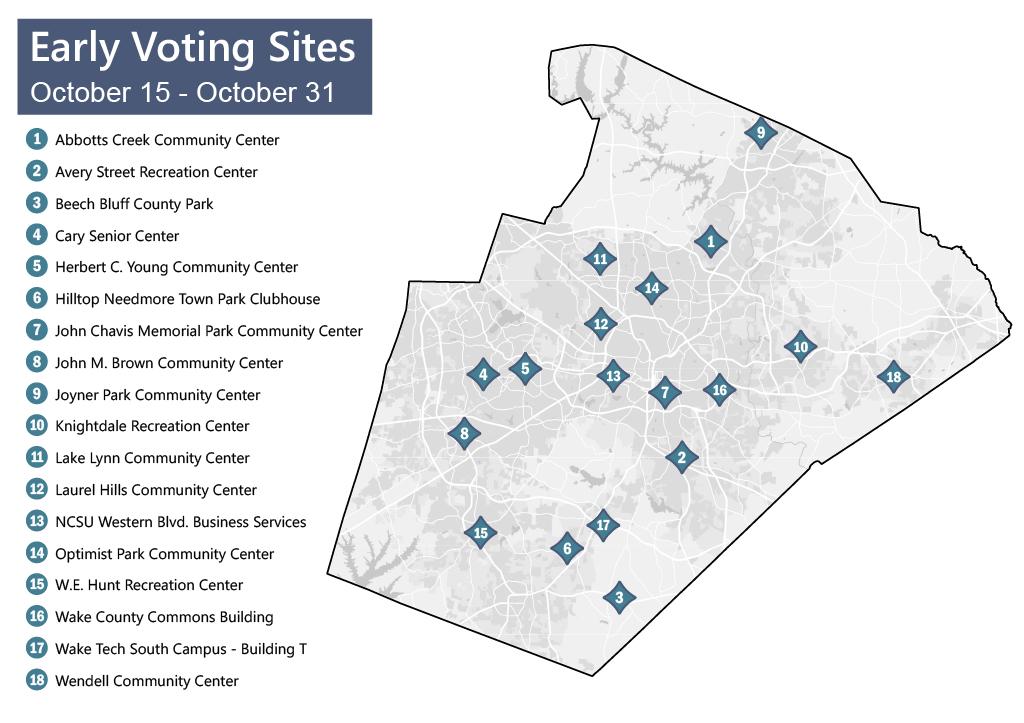 Map listing the 18 Early Voting Sites for the 2026 General Election by the Wake County Board of Elections