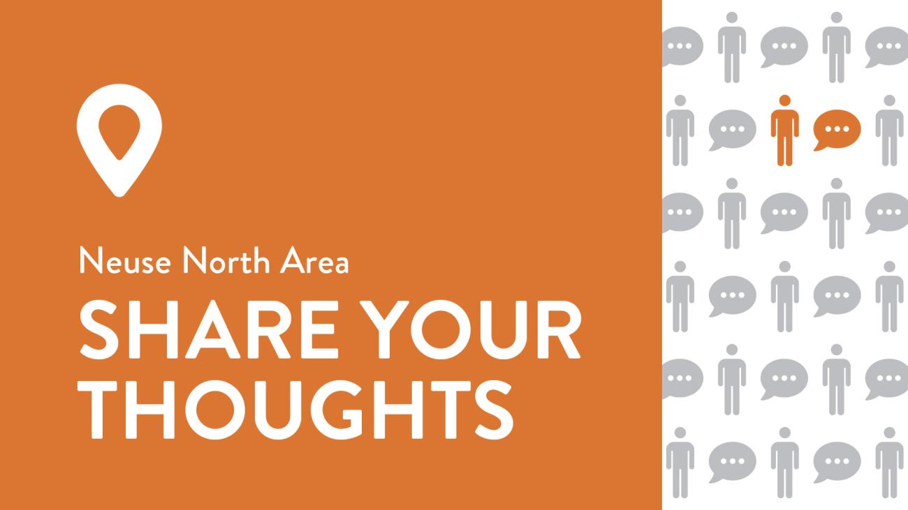 **Alt text:** Graphic inviting community feedback for the Neuse North area, featuring the text “Share Your Thoughts” alongside icons of people and speech bubbles.