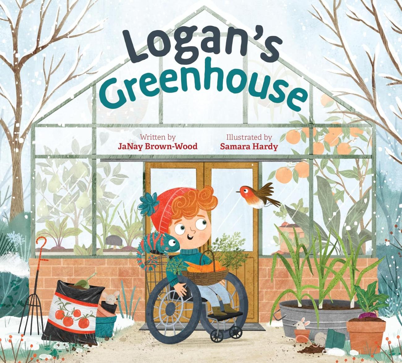 A red-haired child in a wheelchair waters plants inside a greenhouse with a bird perched nearby on a sunny day.