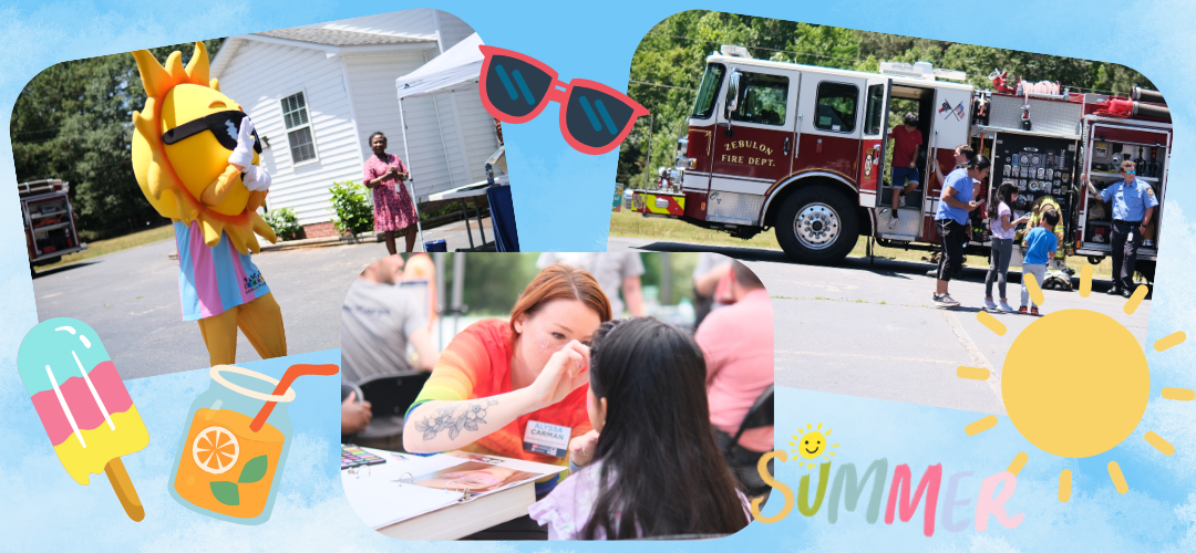 Community members viewing a firetruck, mascot Ray and a child getting their face painted