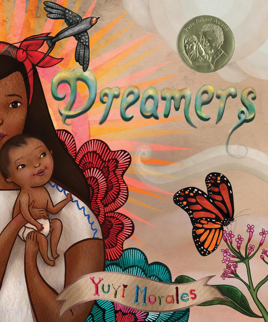Illustration of a woman holding a baby with colorful flowers, a butterfly, and a bird surrounding the word 'Dreamers'.