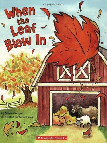 A large red leaf blows in the wind near a red barn with a pig, cow, and sheep inside on a sunny autumn day.