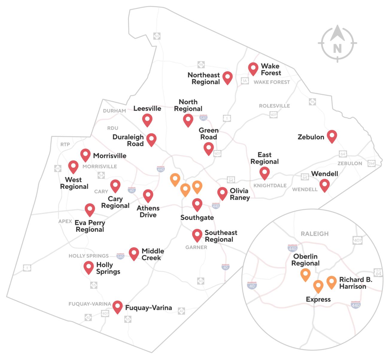 Map of Wake County showing library locations.