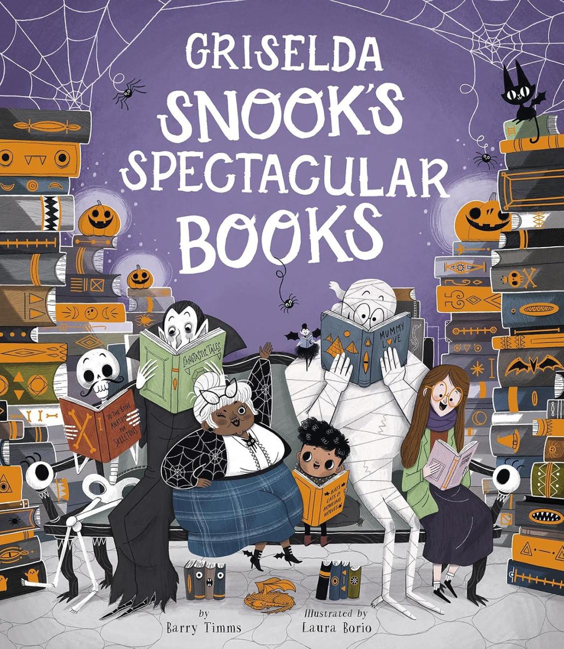 A spooky Halloween-themed book cover featuring characters like a skeleton, vampire, mummy, and witch reading surrounded by stacks of books and spider webs.