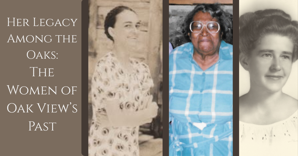 Three vintage portraits of women representing Oak View's historical legacy among oaks, highlighting their contributions to the community's past.