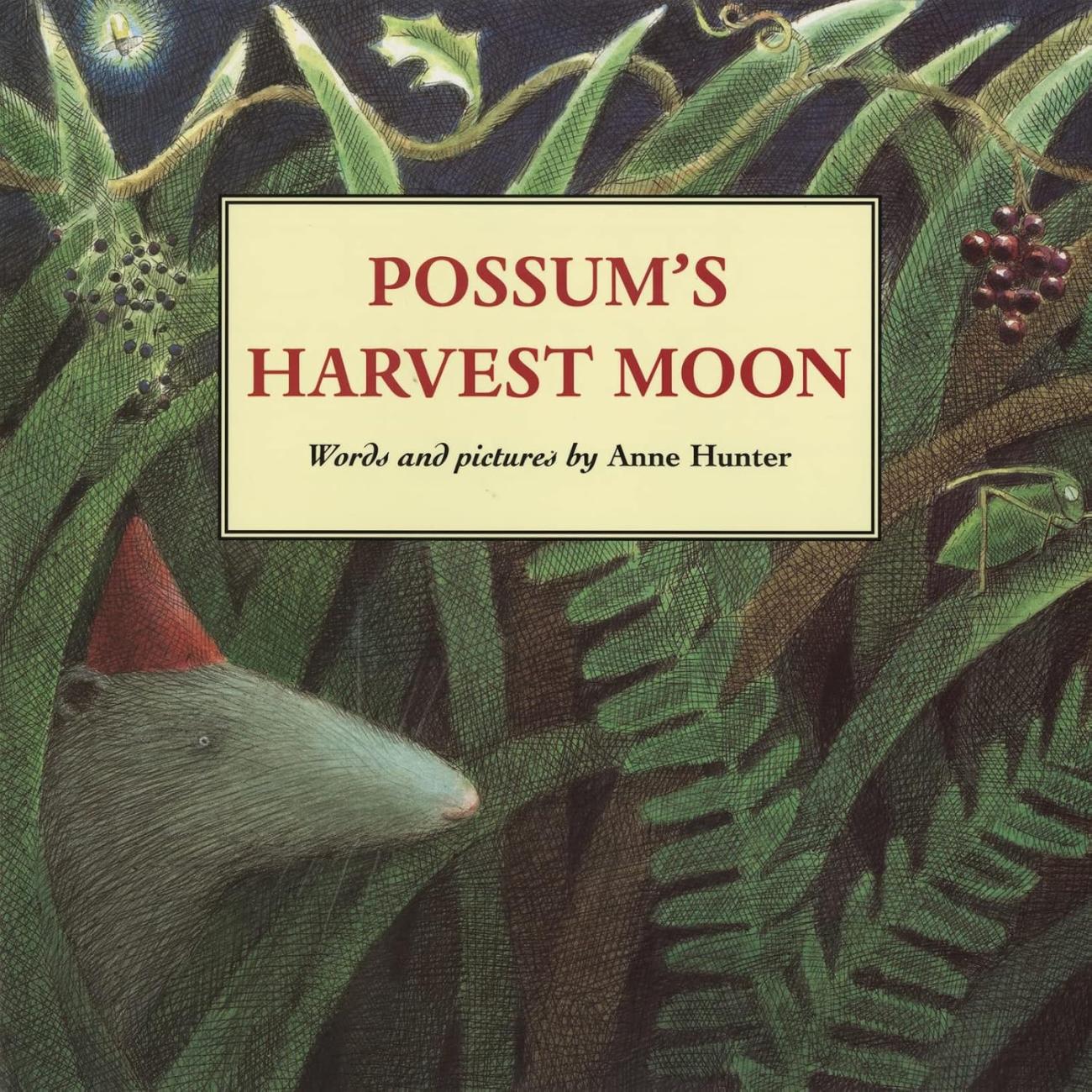 Illustration of a possum among green ferns and berries under a glowing moonlight sky.