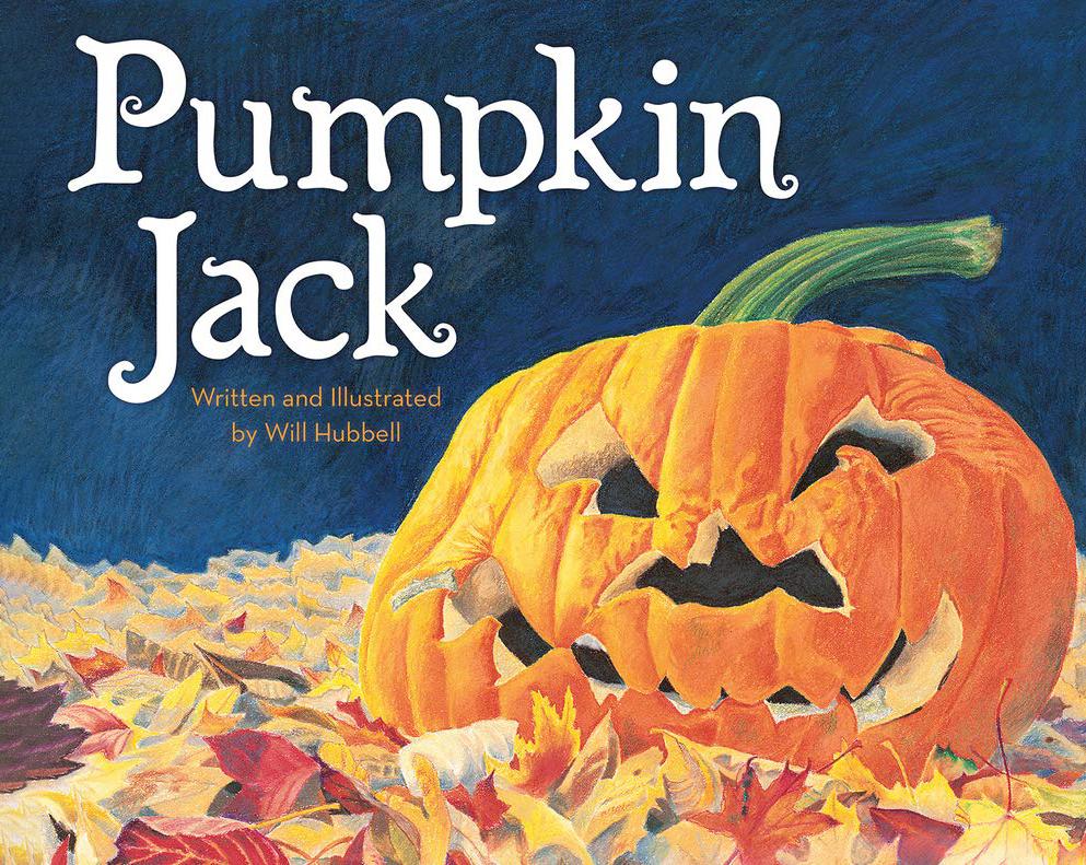 Carved jack-o'-lantern with a mischievous grin resting on colorful autumn leaves against a dark blue sky.