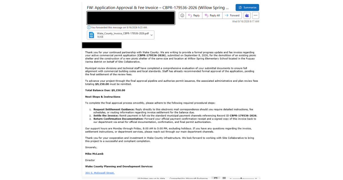 Image of a fraudulent email impersonating Wake County.
