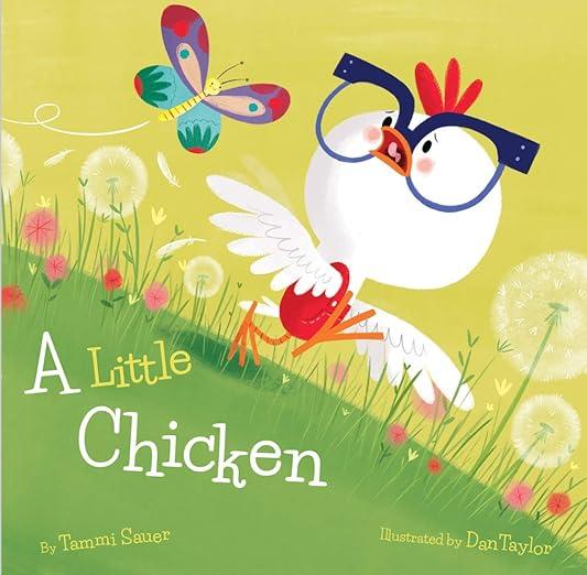 A playful white chicken wearing oversized blue glasses chasing a colorful butterfly in a grassy field with dandelions and flowers.