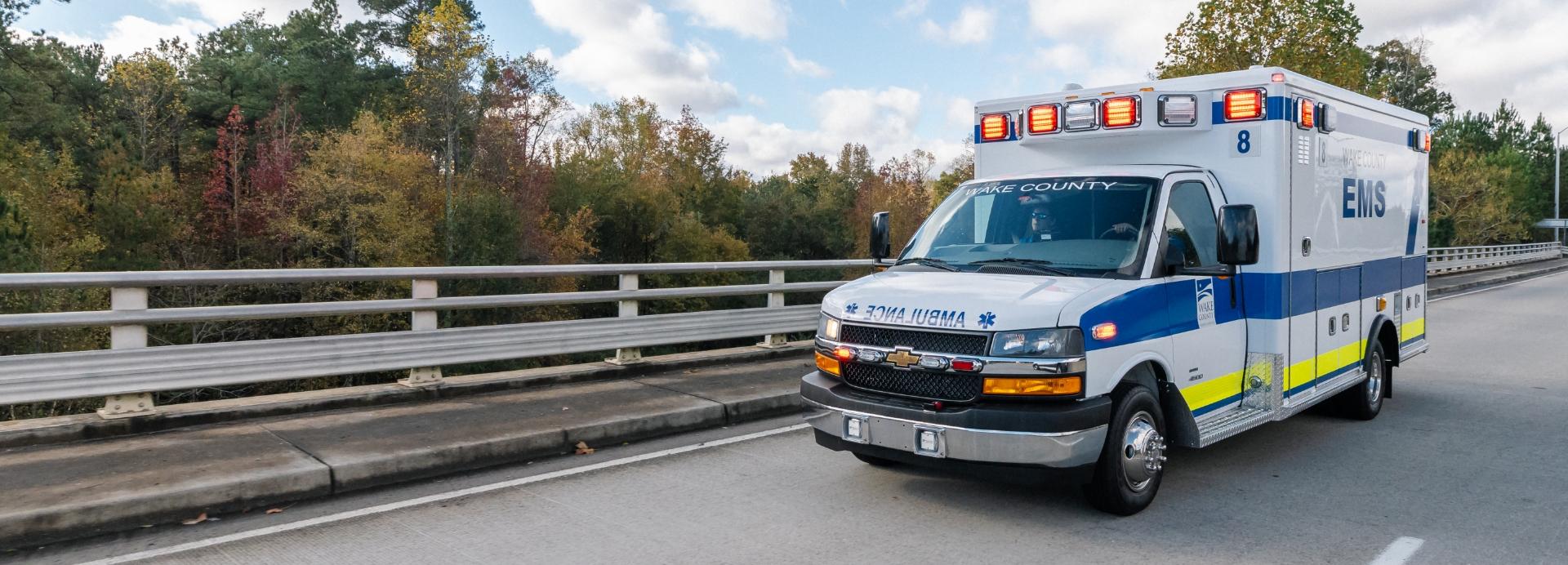 Ambulance on a road lined with trees