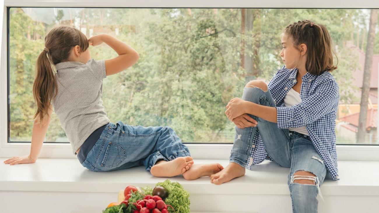 two children looking out of the window