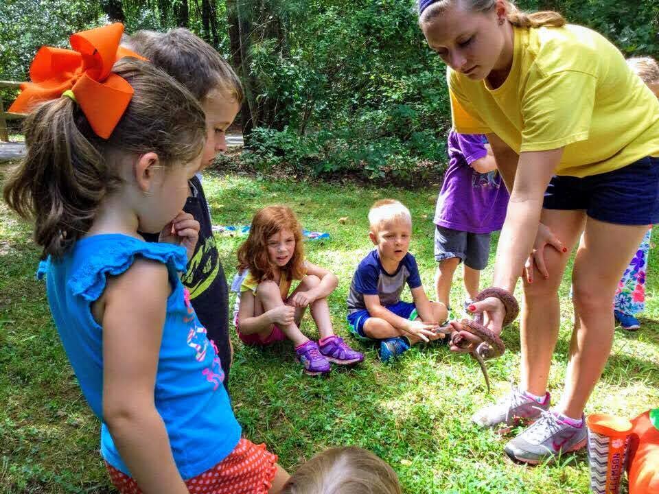 programmer shows children corn snake while sitting on grass
