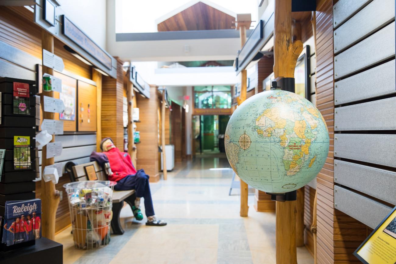Educational displays in the hallway of the Environmental Education Center at Blue Jay Point County Park