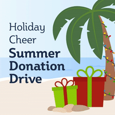 Holiday Cheer Summer Donation Drive illustration with wrapped gifts under palm tree on beach