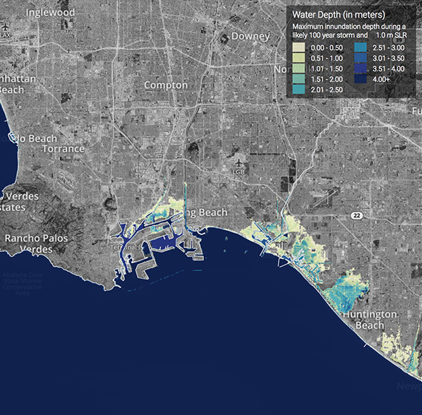 map of California Coast Area showing water depth, in meters, and associated maximum innundation depth during a likely 100 year storm and 1.41 sea level rise. Map shows highlighted areas along the coastline, initially shown with .5 meter rise, now with more severity and expanding further inland along the coastline of the California Coast and it's tributaries.