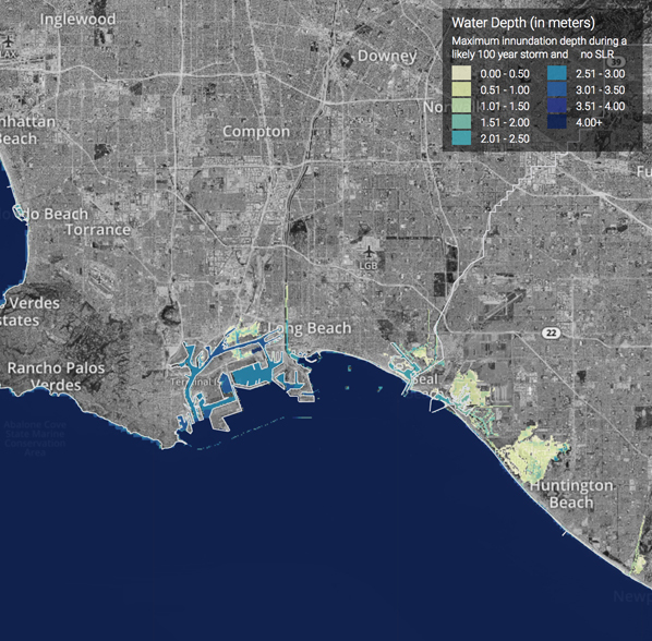 map of California Coast Area showing water depth, in meters, and associated maximum innundation depth during a likely 100 year storm and 1.41 sea level rise. Map shows highlighted areas mostly along the coastline of the California Coast and it's tributaries.