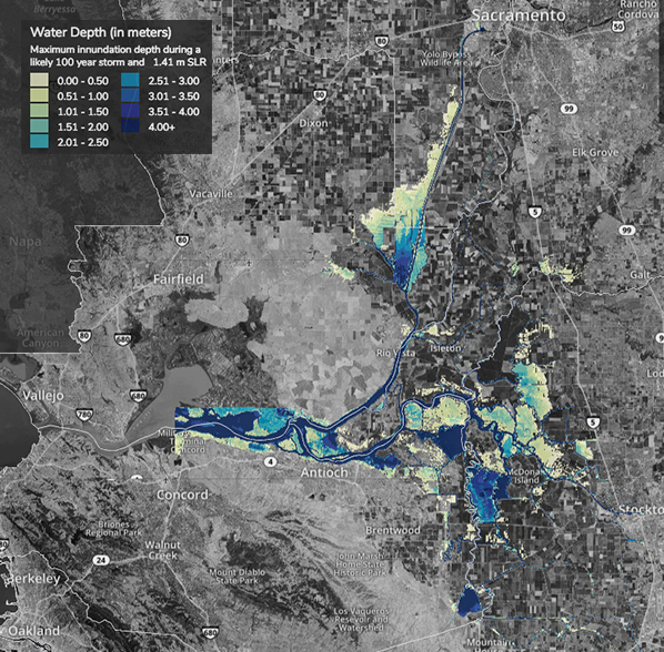 map of Sacramento-San Joaquin Delta Area showing water depth, in meters, and associated maximum innundation depth during a likely 100 year storm and 1.41 sea level rise. Map shows highlighted areas along the coastline, initially shown with no rise, now expanding further inland along the coastline of the Sacramento-San Joaquin Delta and it's tributaries.