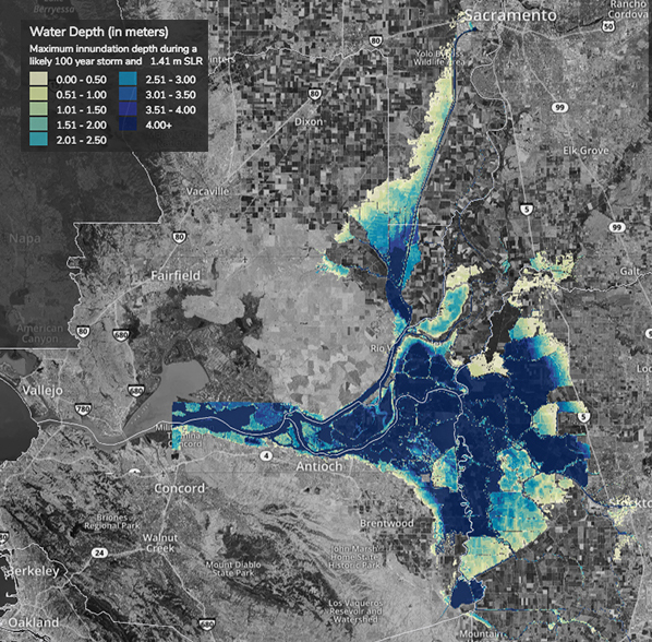 map of Sacramento-San Joaquin Delta Area showing water depth, in meters, and associated maximum innundation depth during a likely 100 year storm and 1.41 sea level rise. Map shows highlighted areas along the coastline, initially shown with 1.0 meter rise, now with even more severity and expanding further inland along the coastline of the Sacramento-San Joaquin Delta and it's tributaries.