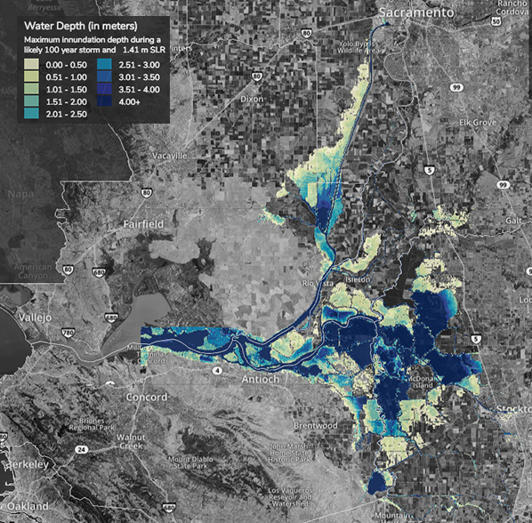 map of Sacramento-San Joaquin Delta Area showing water depth, in meters, and associated maximum innundation depth during a likely 100 year storm and 1.41 sea level rise. Map shows highlighted areas along the coastline, initially shown with .5 meter rise, now with more severity and expanding further inland along the coastline of the Sacramento-San Joaquin Delta and it's tributaries.