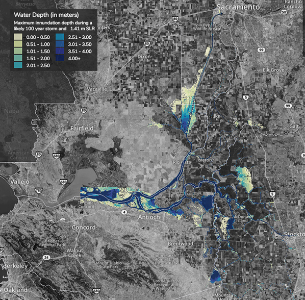 map of Sacramento-San Joaquin Delta Area showing water depth, in meters, and associated maximum innundation depth during a likely 100 year storm and 1.41 sea level rise. Map shows highlighted areas mostly along the coastline of the Sacramento-San Joaquin Delta and it's tributaries.