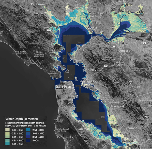 map of San Francisco Bay Area showing water depth, in meters, and associated maximum innundation depth during a likely 100 year storm and 1.41 sea level rise. Map shows highlighted areas along the coastline, initially shown with no rise, now expanding further inland along the coastline of the San Francisco Bay and it's tributaries.