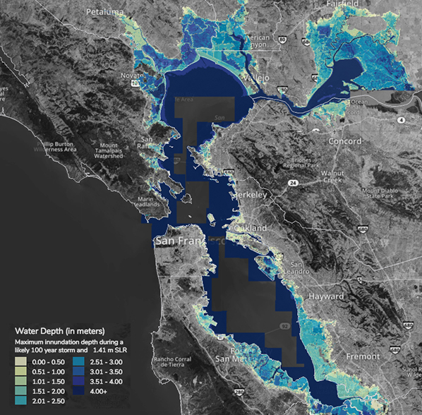 map of San Francisco Bay Area showing water depth, in meters, and associated maximum innundation depth during a likely 100 year storm and 1.41 sea level rise. Map shows highlighted areas along the coastline, initially shown with 1.0 meter rise, now with even more severity and expanding further inland along the coastline of the San Francisco Bay and it's tributaries.