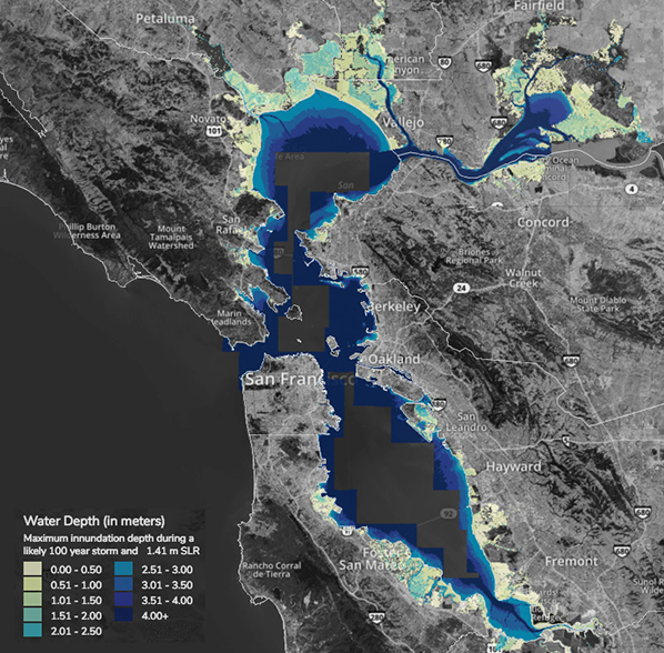 map of San Francisco Bay Area showing water depth, in meters, and associated maximum innundation depth during a likely 100 year storm and 1.41 sea level rise. Map shows highlighted areas mostly along the coastline of the San Francisco Bay and it's tributaries.