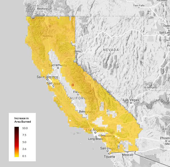 map of the state of California showing an Increase in area burned map key with a color indicator from .1 (yellow) to a 10 fold increase (dark red). With 2020 selected, the map shows a majority of the state highlighted in yellow