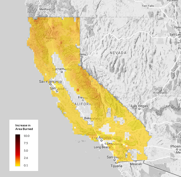 map of the state of California showing an Increase in area burned map key with a color indicator from .1 (yellow) to a 10 fold increase (dark red). With 2050 selected, the map shows an update to a majority of the state to have a slight increase in area burned