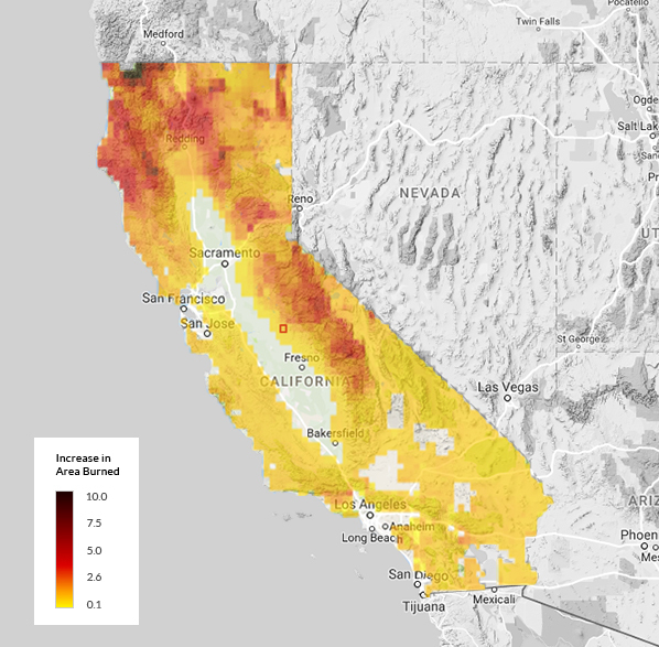 map of the state of California showing an Increase in area burned map key with a color indicator from .1 (yellow) to a 10 fold increase (dark red). With 2080 selected, the map shows a majority of the upper half of the state with a significant increase in area burned