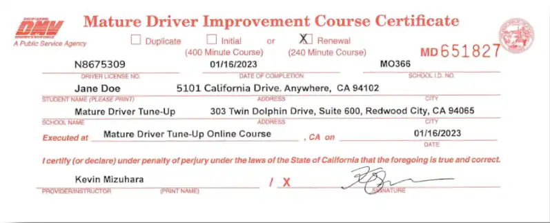 Official California DMV Mature Driver Improvement Course Certificate