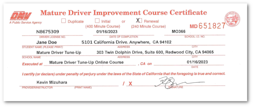 Official California DMV Mature Driver Improvement Course Certificate