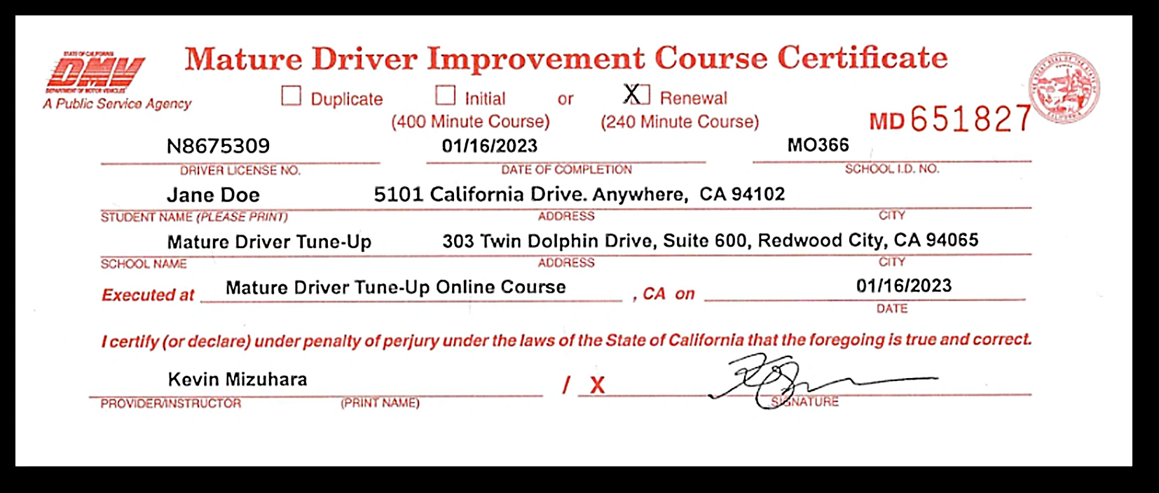 Official California DMV Mature Driver Improvement Certificate