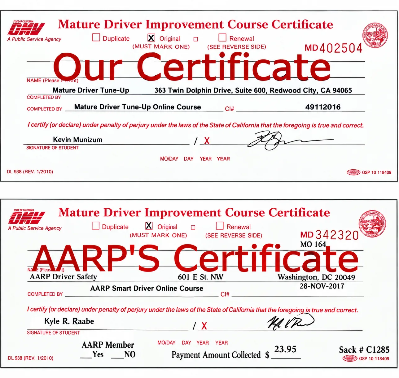 AARP and Mature Driver Tune-Up California DMV certificate comparison