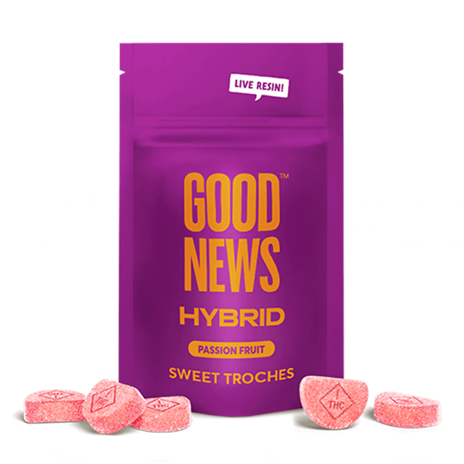Photograph of product: Good News Live Resin Passion Fruit Troches 10mg 10pk