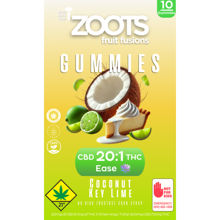 Photograph of product: Zoots - Ease - CBD 20:1 Coconut Key Lime Gummies 10pk