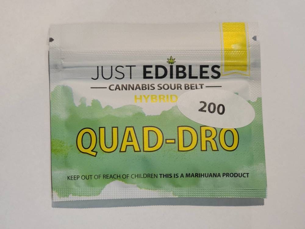Photograph of product: Just Edibles | 200mg TH-oui Gummy | Quad-Dro Sour Belt Bites