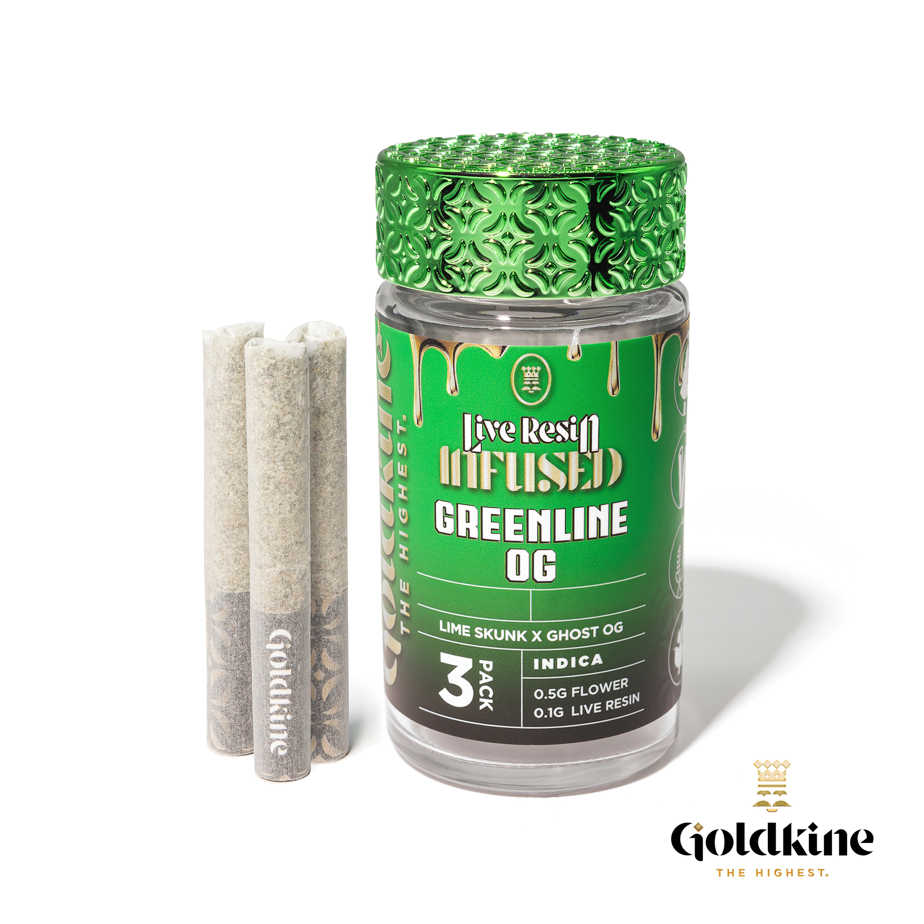 Photograph of product: Goldkine | Greenline OG | 3pk/.6G Live Resin Infused Pre-Rolls